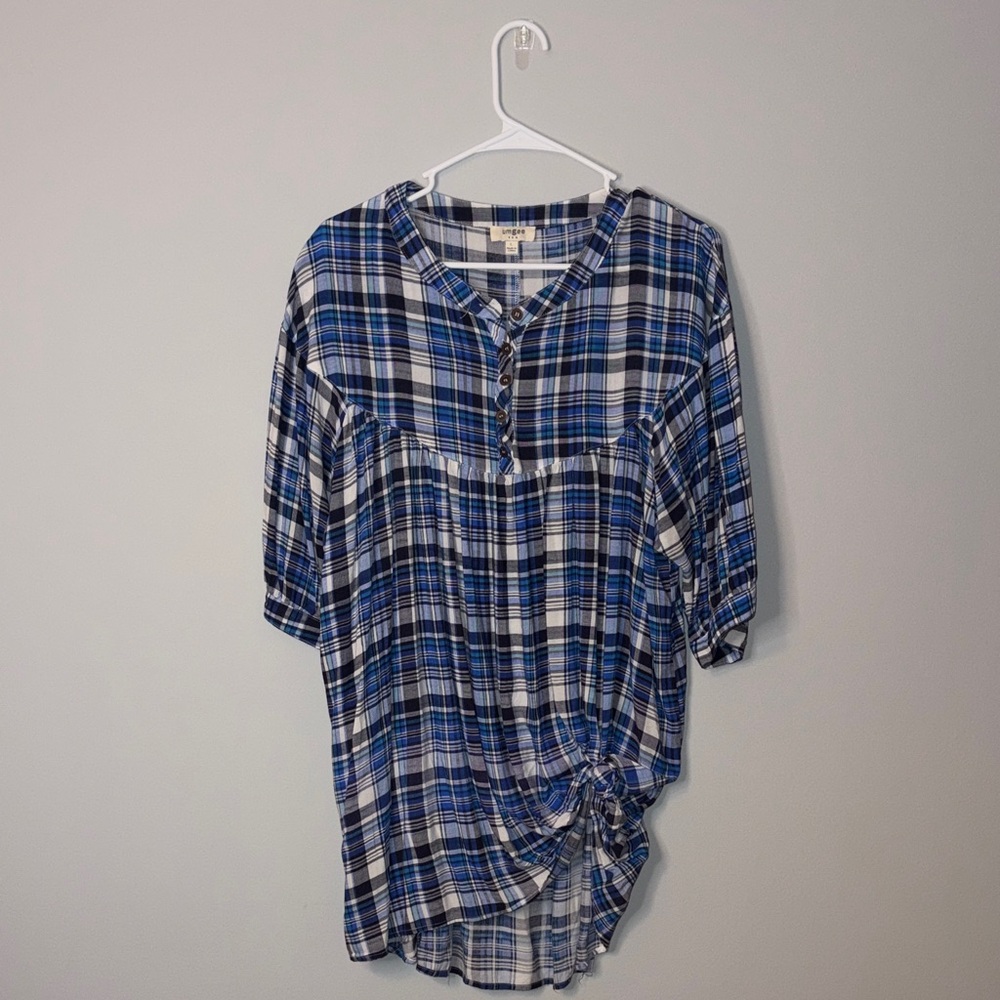 Women’s Umgee Blue and White Plaid Tunic Large